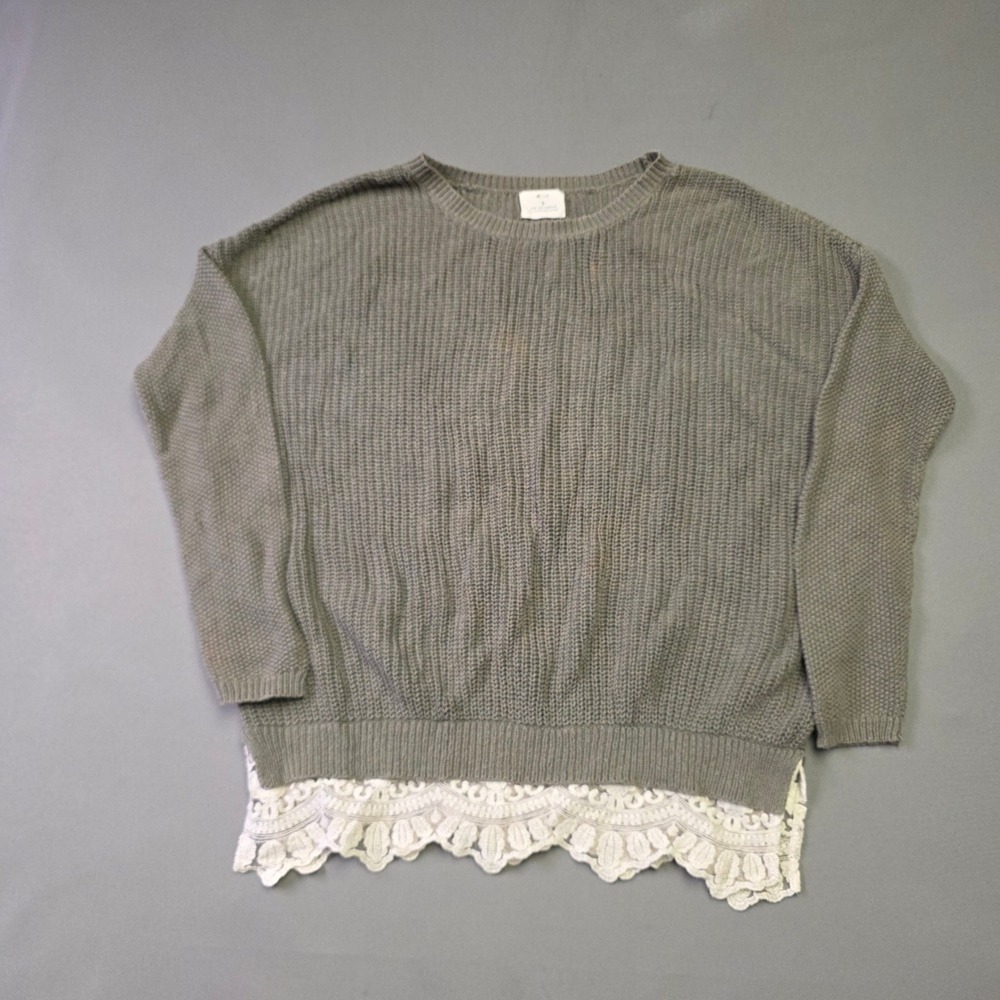 Pins and Needles Olive Green Lace Trim Knit Sweater Small Boho Oversized Layered